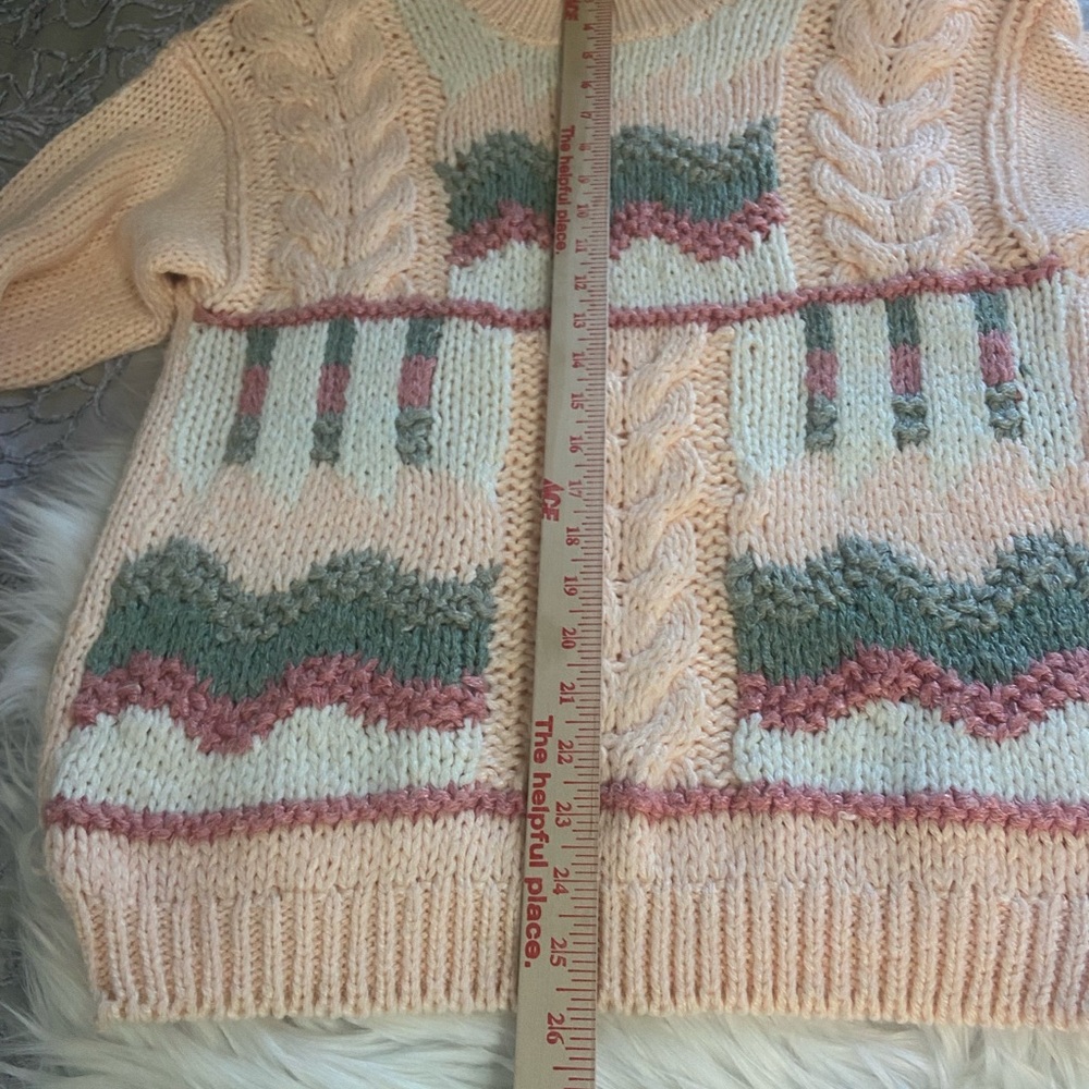Bramble Lane Sz M Hand Knitted Cable Knit Sweater Coral w/ Green & Rust Accents - Picture 7 of 13